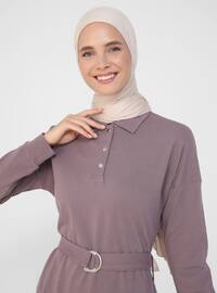 Purple - Point Collar - Unlined - Cotton - Modest Dress