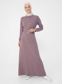 Purple - Point Collar - Unlined - Cotton - Modest Dress