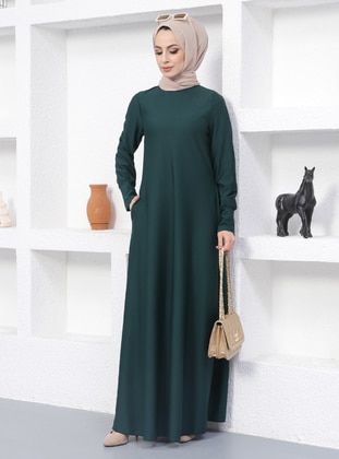 Pocket Detailed Modest Dress Emerald
