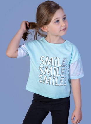 Girl's Smile Printed T-Shirt With Patterned Sleeves Mint Green