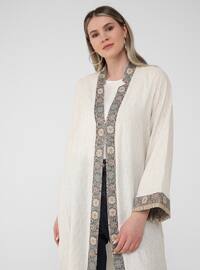 Beige - Multi - V neck Collar - Unlined - Plus Size Abaya