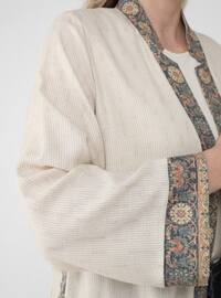Beige - Multi - V neck Collar - Unlined - Plus Size Abaya