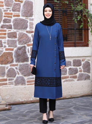 Sea Tunic&Pants Two Piece Hijab Evening Dresses Set Petrol Blue