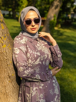 Purple - Floral - Point Collar - Unlined - Modest Dress - Refka