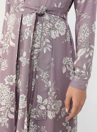 Purple - Floral - Point Collar - Unlined - Modest Dress
