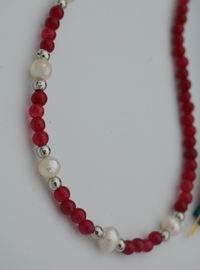 Red Stone and Pearl Necklace Multi Color