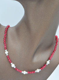 Red Stone and Pearl Necklace Multi Color