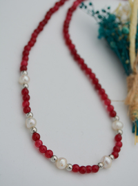 Red Stone and Pearl Necklace Multi Color