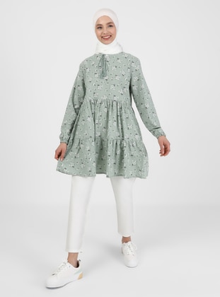Natural Fabric Floral Patterned Tunic Green Tea