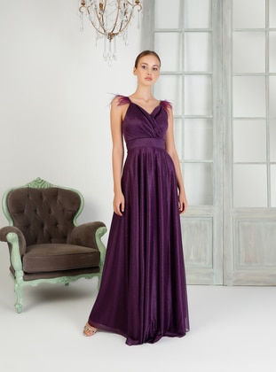 Fully Lined - Purple - V neck Collar - Evening Dresses - MEKSİLA