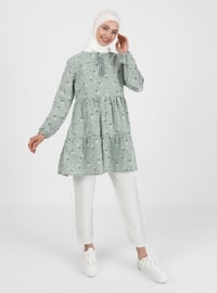 Natural Fabric Floral Patterned Tunic Green Tea