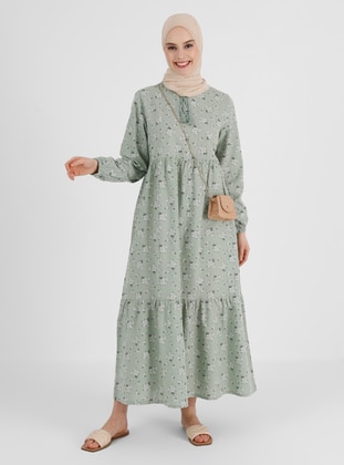 Green - Floral - Crew neck - Unlined - Modest Dress - Benin