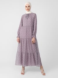 Purple - Polka Dot - Crew neck - Fully Lined - Modest Dress