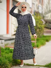 Elastic Waist Ruffled Patterned Modest Dress Black