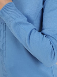 Crew Neck Knit Detailed 75 Cm Knitwear Tunic Blue