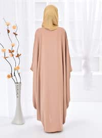 Tricolor Front Open Abaya Dress Beige