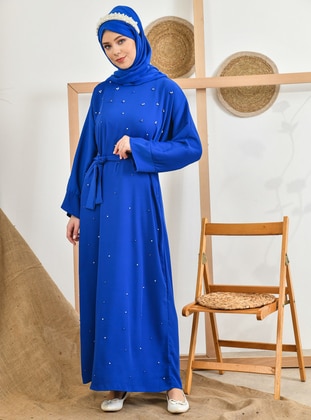 Blue - Crew neck - Unlined - Modest Dress - Tuncay