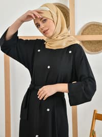 Pearl Accessory Detailed Modest Dress Black