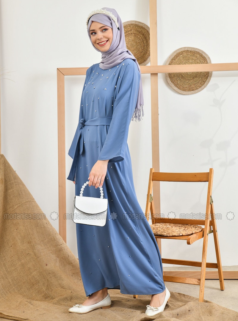 Blue - Crew neck - Unlined - Modest Dress