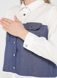 White - Blue - Point Collar - Plus Size Tunic