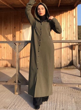 Snap Fastenedped On Front Hijab Cape Khaki Coat