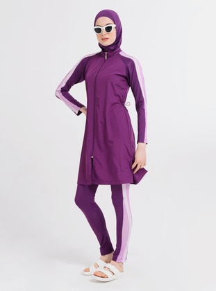 Purple - Multi - Fully Lined - Full Coverage Swimsuit Burkini - Alfasa