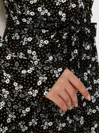 Floral Patterned Belt Detailed Modest Dress With Sleeves Black