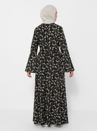 Floral Patterned Belt Detailed Modest Dress With Sleeves Black