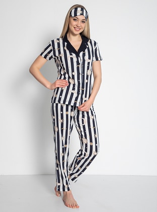 Navy Blue - Shawl Collar - Multi - Pyjama Set - Fawn