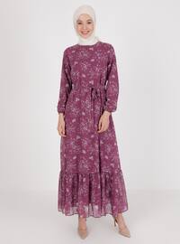 Plum - Floral - Crew neck - Fully Lined - Modest Dress