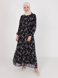 Floral Patterned Chiffon Modest Dress Black