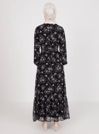 Floral Patterned Chiffon Modest Dress Black