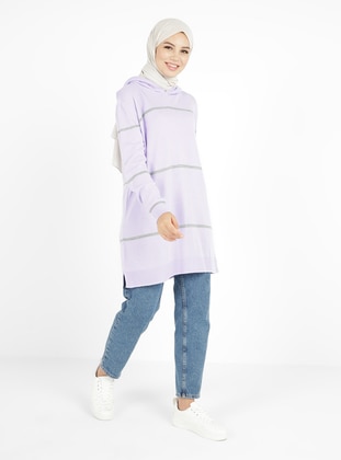 Gray - Lilac - Stripe - Unlined - Knit Tunics - Tavin