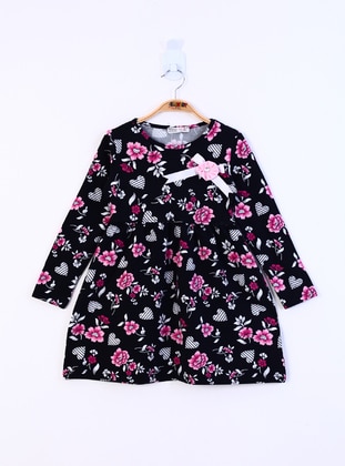Toontoy Kız Çocuk Çiçek Baskılı Elbise-Siyah - Siyah - Toontoy