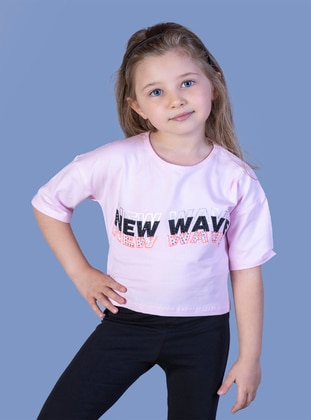 Toontoy Kız Çocuk New Wave Baskılı Taş İşlemeli Tişört-Pembe - Rose - Toontoy