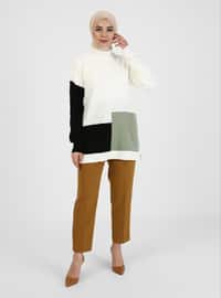 Color Block Turtleneck Sweater Tunic Black Ecru