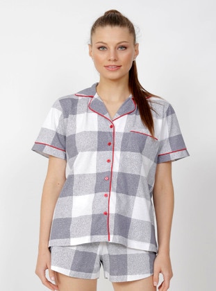 Cotton Complete Button Down Shirt Collar Shorts Pajama Set Gray