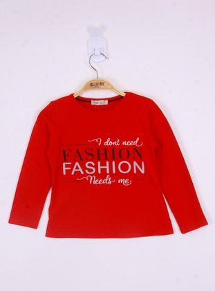 Toontoy Kız Çocuk Fashion Baskılı Tişört-Kırmızı - Kırmızı - Toontoy