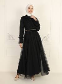 Tulle Detailed Hijab Evening Dress Black