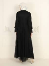 Tulle Detailed Hijab Evening Dress Black
