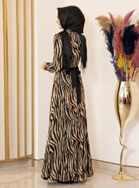 Black - Zebra - Crew neck - Fully Lined - Modest Dress