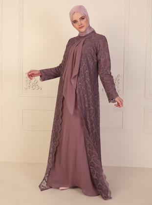 Lace Hijab Evening Dress Rose Color