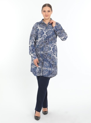 Cotton Tunic İn Natural Patterned Fabric Sax Blue
