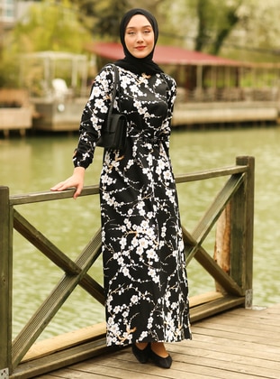 Black - Floral - Crew neck - Unlined - Modest Dress - Ceylan Otantik