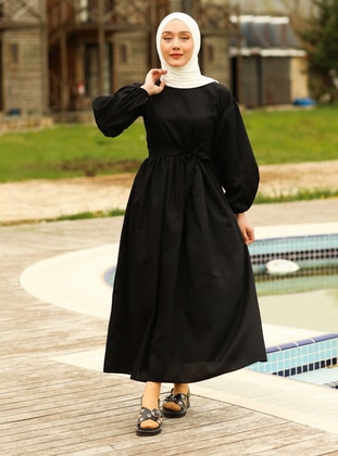 Cotton Modest Dress With Waist Robe Black