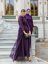 Purple - Crew neck - Modest Evening Dress