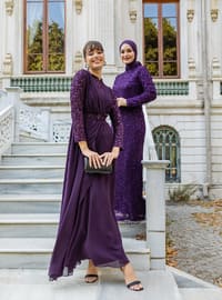 Purple - Crew neck - Modest Evening Dress