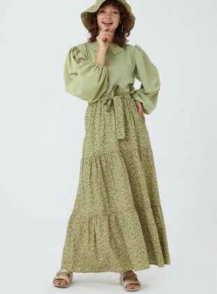 Green - Floral - Unlined - Skirt - Ceylan Otantik