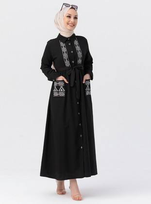 Black - Point Collar - Unlined - Modest Dress - Tofisa