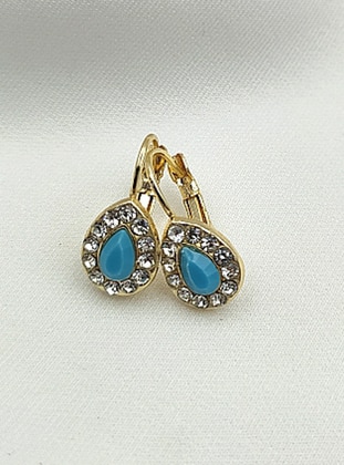 Plunge Figured Earrings With Turquoise Stones - Gold